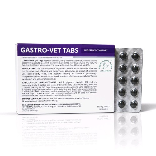 Przejdź do produktu CENTRUM ZDROWIA GOŁĘBI Gastro-Vet Tabs 60 szt. - tabletki na problemy trawienne u gołębi