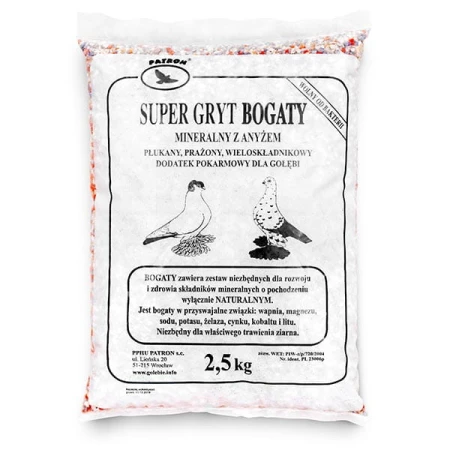 PATRON  Super gryt BOGATY  z dodatkiem anyżu - drobny dla gołębi ozdobnych i młodych, 2,5 kg